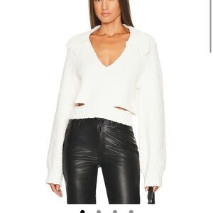 L'Academie White V-Neck Cropped Boucle Knit Sweater